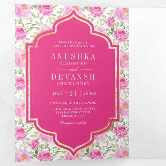 Rani roze bloemenpatroon QR-code Indiase bruiloft Drieluik Uitnodiging (Binnenzijde eerst)
