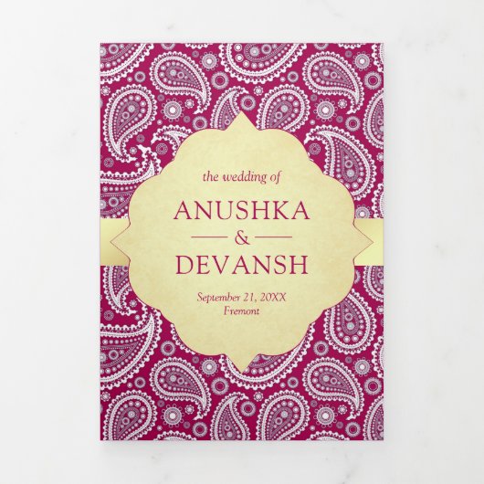 Rani Roze Paisley Indiase Peacock QR Code Bruiloft Drieluik Uitnodiging (Cover)