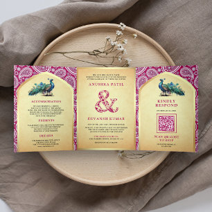 Rani Roze Paisley Indische Pauw QR Code Bruiloft Drieluik Uitnodiging