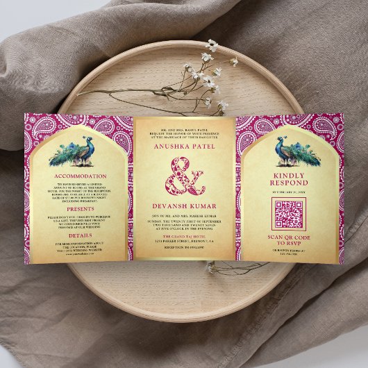 Rani Roze Paisley Indische Pauw QR Code Bruiloft Drieluik Uitnodiging