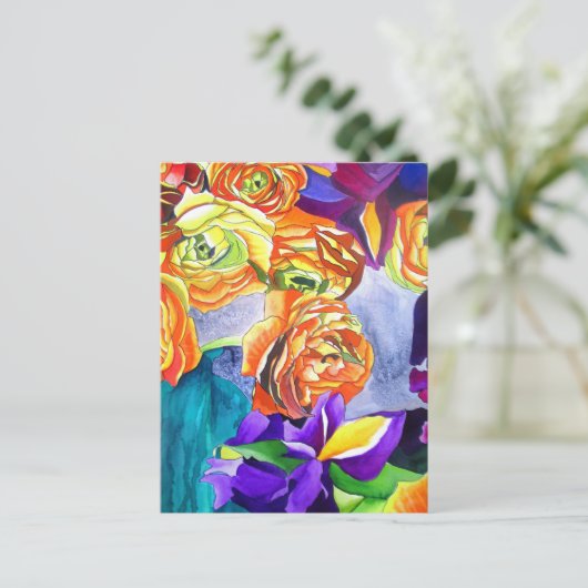Ranunculus en Iris waterverf art Briefkaart (Staand voorkant)