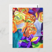 Ranunculus en Iris waterverf art Briefkaart (Voorkant / Achterkant)