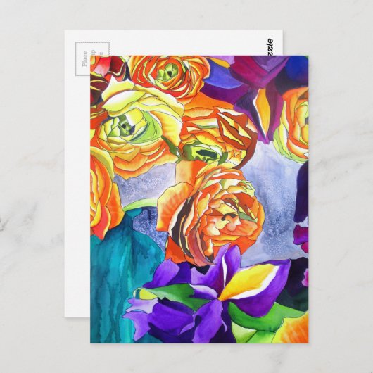 Ranunculus en Iris waterverf art Briefkaart (Voorkant / Achterkant)