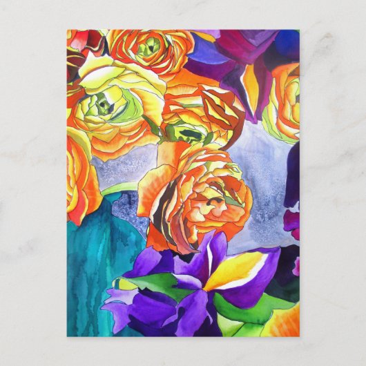 Ranunculus en Iris waterverf art Briefkaart (Voorkant)