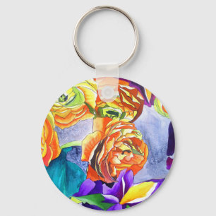 Ranunculus en Iris waterverf art Sleutelhanger