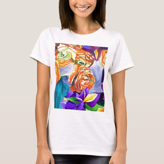 Ranunculus en Iris waterverf art T-shirt (Voorkant)