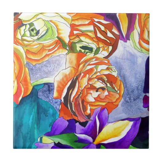 Ranunculus en Iris waterverf art Tegeltje (Voorkant)