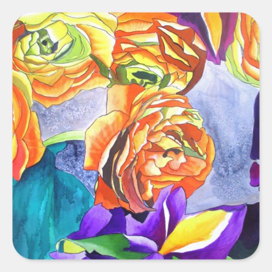 Ranunculus en Iris waterverf art Vierkante Sticker (Voorkant)