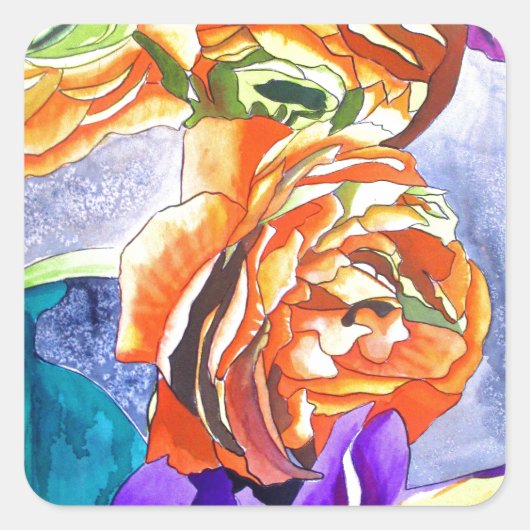 Ranunculus en Iris waterverf art Vierkante Sticker (Voorkant)