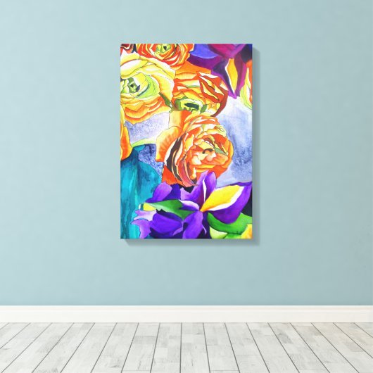 Ranunculus Flower original waterverf art Canvas Afdruk (Insitu (Houten vloer))