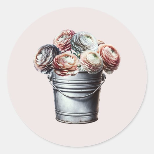 Ranunculus in Blikken Emmer Rustieke Glam Roze Bru Ronde Sticker (Voorkant)
