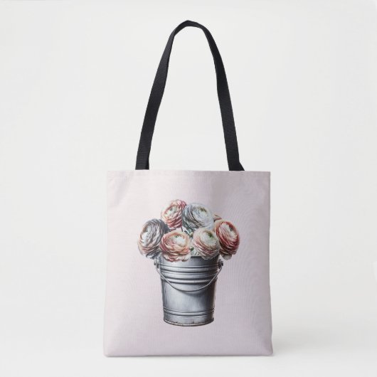 Ranunculus in Tin Pail Rustiek Glam Roze Tote Bag (Voorkant)