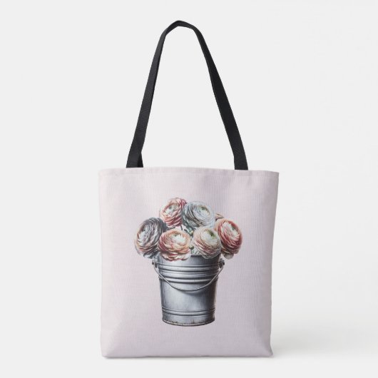 Ranunculus in Tin Pail Rustiek Glam Roze Tote Bag (Achterkant)