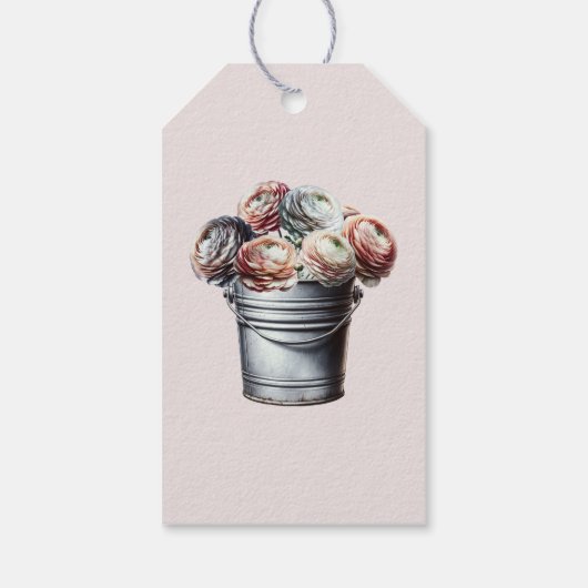 Ranunculus in Tin Pail Rustieke Glam Roze Bruids Cadeaulabel (Achterkant)