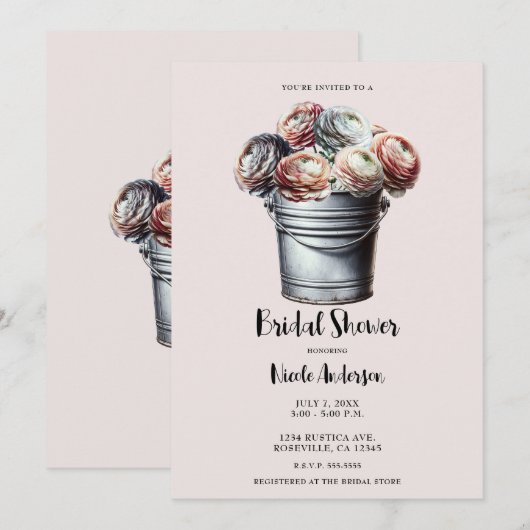 Ranunculus in Tin Pail Rustieke Glam Roze Bruids Kaart (Voorkant / Achterkant)