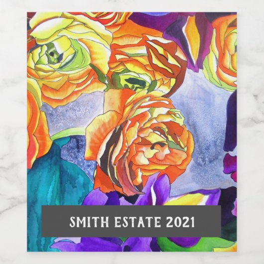 Ranunculus Iris waterverf floral art Wijn Etiket (Enkel label)