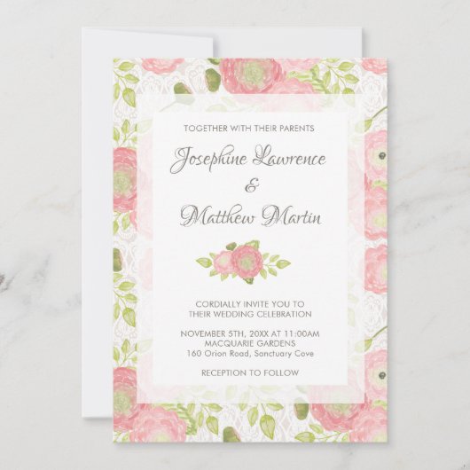 Ranunculus & Kant Peach Bloemen bruiloft uitnodigi Kaart (Voorkant)