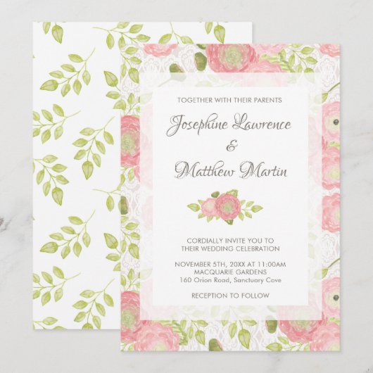 Ranunculus & Kant Peach Bloemen bruiloft uitnodigi Kaart (Voorkant / Achterkant)