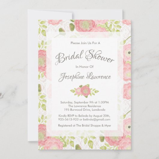 Ranunculus & Lace Peach Bruidsdouche uitnodigingen (Voorkant)