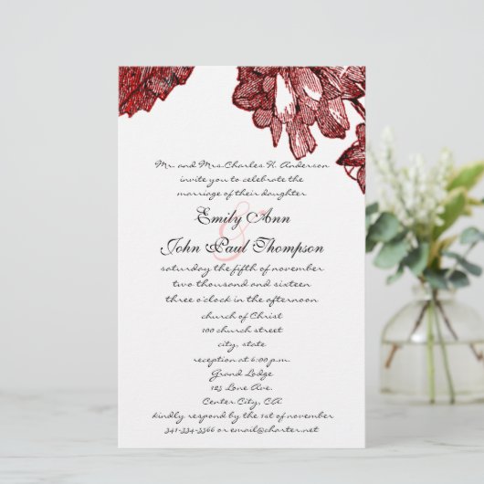 Ranunculus Roos Burgundy Modern Wedding Invite (Staand voorkant)