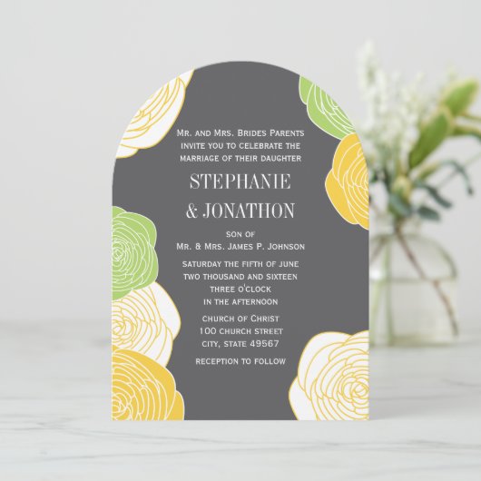Ranunculus Roos Green Yellow Grey Die Cut Wedding Kaart (Staand voorkant)