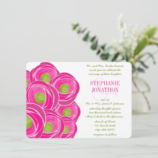 Ranunculus Roos Limoen Fuchsia Modern Wedding Invi Kaart (Staand voorkant)