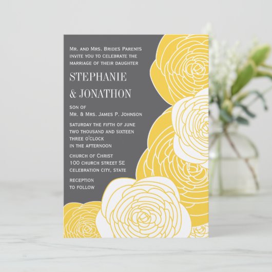 Ranunculus Roos Limoen Yellow Grey Modern Wedding Kaart (Staand voorkant)
