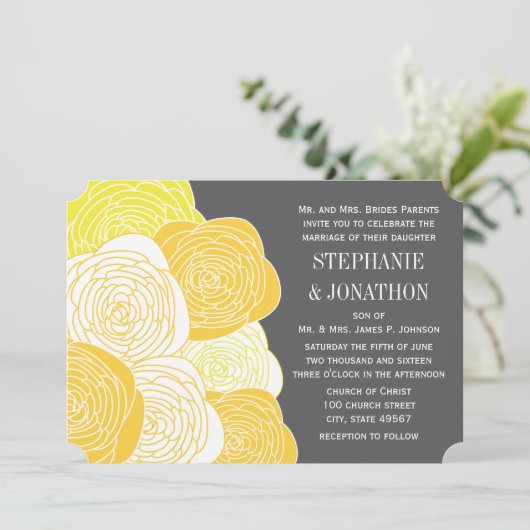 Ranunculus Roos Yellow en Gray Modern Wedding Kaart (Staand voorkant)
