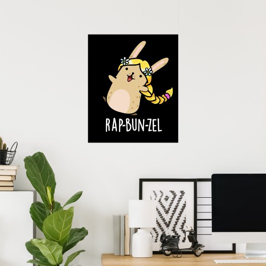 Rap-bun-zel Funny Bunny Pun Dark BG Poster (Thuiskantoor)