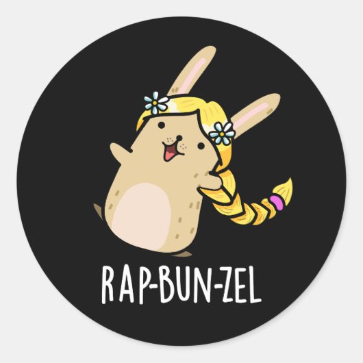 Rap-bun-zel Funny Bunny Pun Dark BG Ronde Sticker (Voorkant)