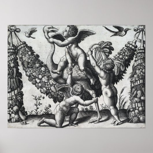 Raphael - Drie putti voor een grote guirlande Poster (Voorkant)