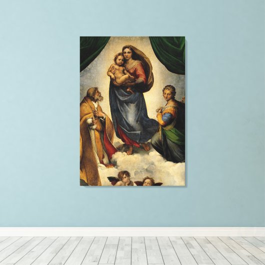 Raphaëls klassieke "Sistine Madonna" (circa 1513) Canvas Afdruk (Insitu (Houten vloer))