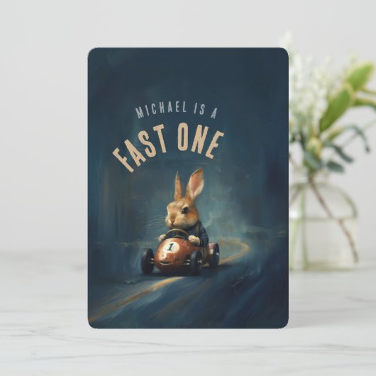 Rapid Racer Rabbit - Eerste verjaardagsfeestje Kaart (Staand voorkant)