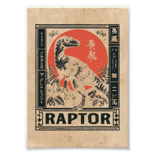Raptor Dinosaur Japandi Art   Wabi Sabi Red Sun Foto Afdruk