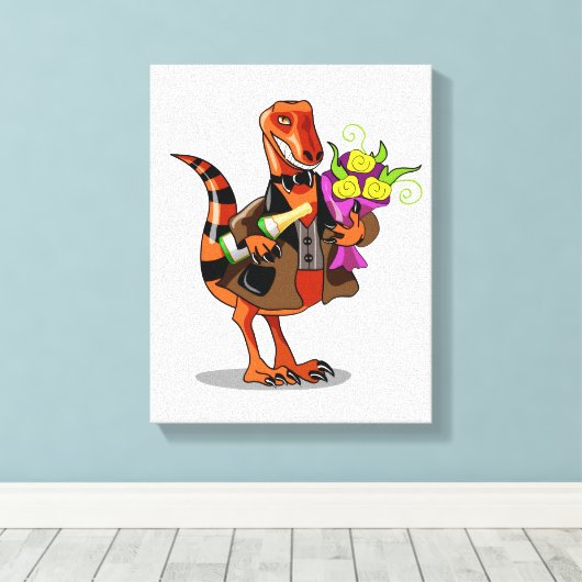 Raptor Holding Fles Mousserende Wijn & Bloemen Canvas Afdruk (Insitu (Houten vloer))