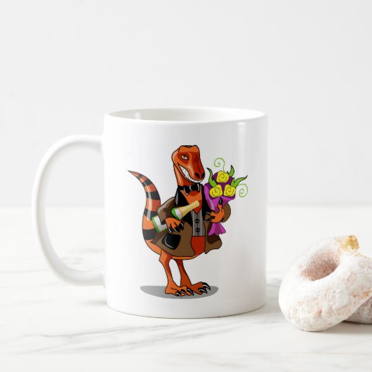 Raptor Holding Fles Mousserende Wijn & Bloemen Koffiemok (Met donut)
