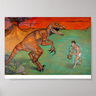 Raptor versus sax saxofonspeler met dinosaurus poster
