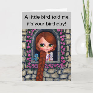 Rapunzel Big Eyes Girl Cute Redhead Bluebird Kaart
