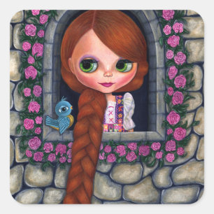 Rapunzel Big Eyes Girl Doll Cute Redhead Bluebird Vierkante Sticker