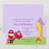 Rapunzel & brandweerman verjaardagsuitnodiging kaart (Voorkant / Achterkant)