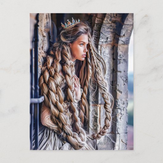 Rapunzel met haar lange haar in de toren briefkaart (Voorkant)