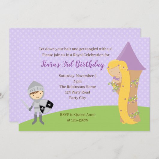 Rapunzel Verjaardag Uitnodiging Ridder Toren Twins (Voorkant / Achterkant)