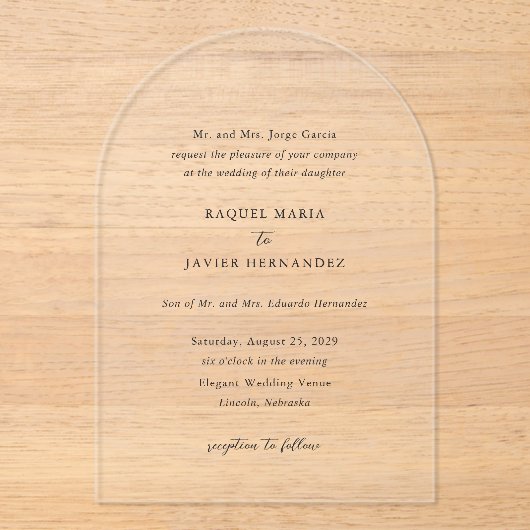 Raquel Classic Elegant Huwelijk Acryl Uitnodigingen (Voorkant)