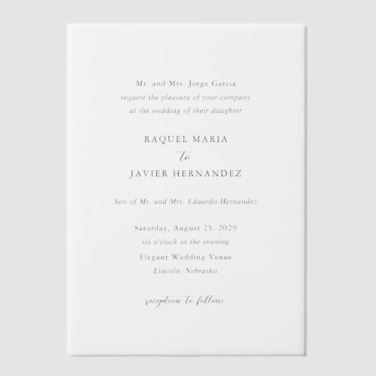 Raquel Classic Elegant Huwelijk Vellum Uitnodigingen (Voorkant)