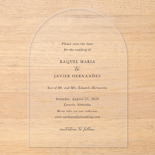 Raquel Classic Elegant Wedding Save the Date Acryl Uitnodigingen (Voorkant)