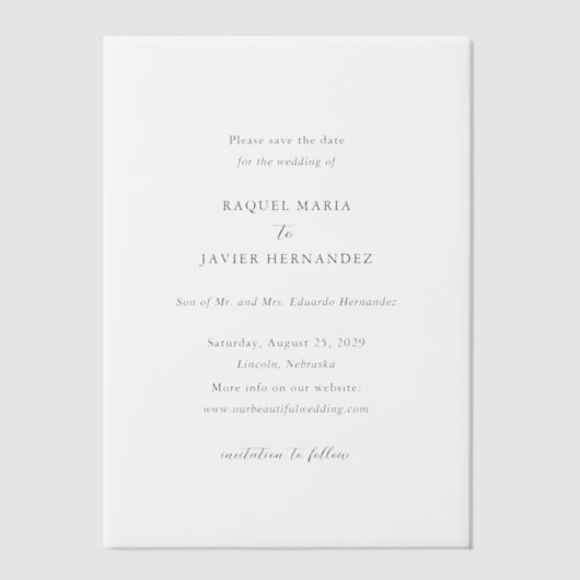Raquel Classic Elegant Wedding Save the Date Vellum Uitnodigingen (Voorkant)
