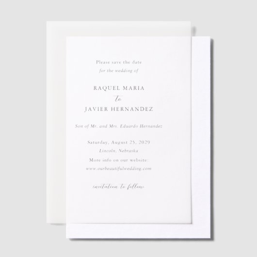 Raquel Classic Elegant Wedding Save the Date Vellum Uitnodigingen (Offset)