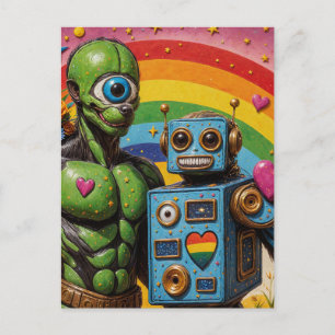 Rare eenogige groene alien en een robot verliefd briefkaart