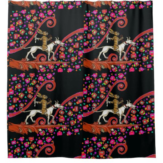 RARE MIDDELEEUWSE BESTIARY Konijn Rijden op een Wi Douchegordijn (Voorkant)