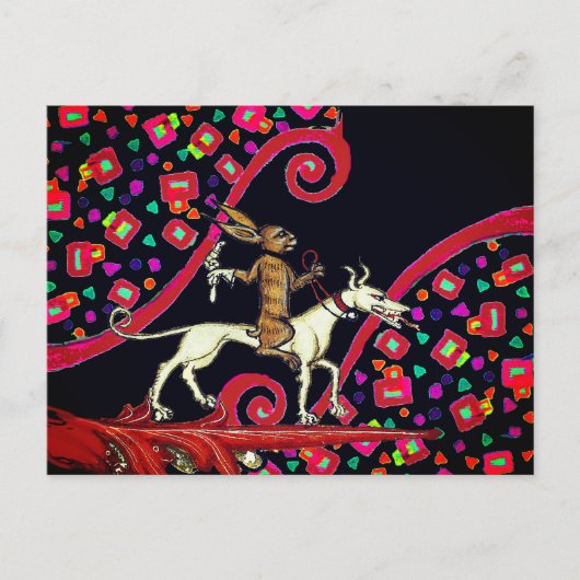 RARE MIDDELEEUWSE BESTIARY Konijn Rijden op een Wi Feestdagenkaart (Voorkant)